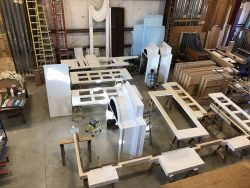 Organ case parts in Fisk's workshop