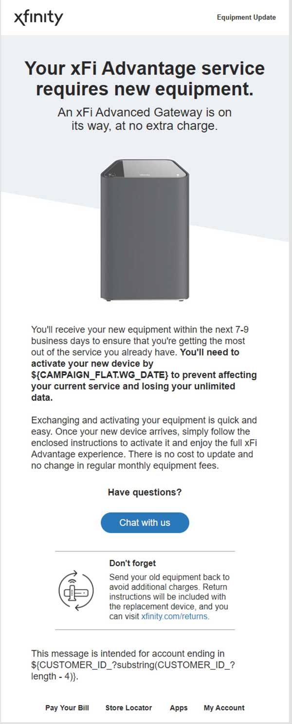 xFi Advantage Equipment Swap Email