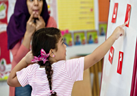Teacher Helping Girl on Flip Chart